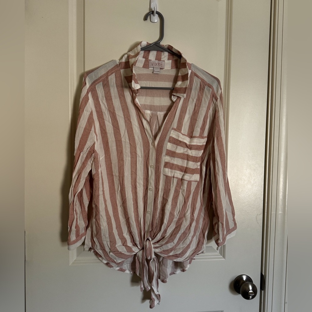 Vixbe Front Tie‑Striped Button‑Up Shirt – M, Salmon/White Vertical Stripes